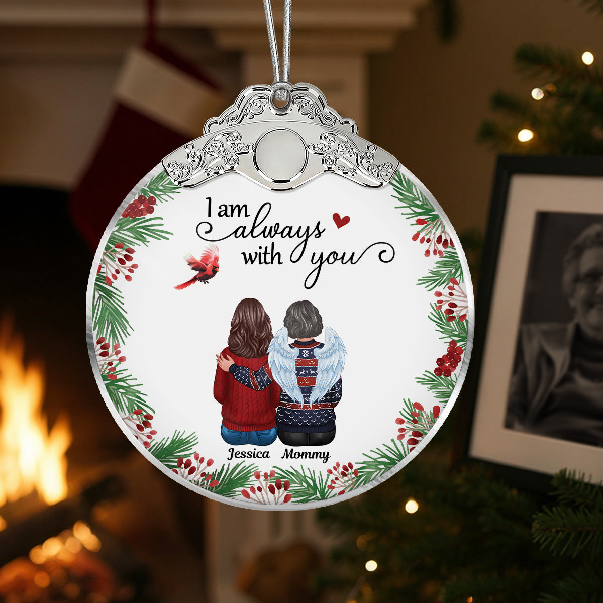 Holly Branch Always With You - Personalized Glass Ornament With Silver Cap - Christmas Memorial Keepsake For Family