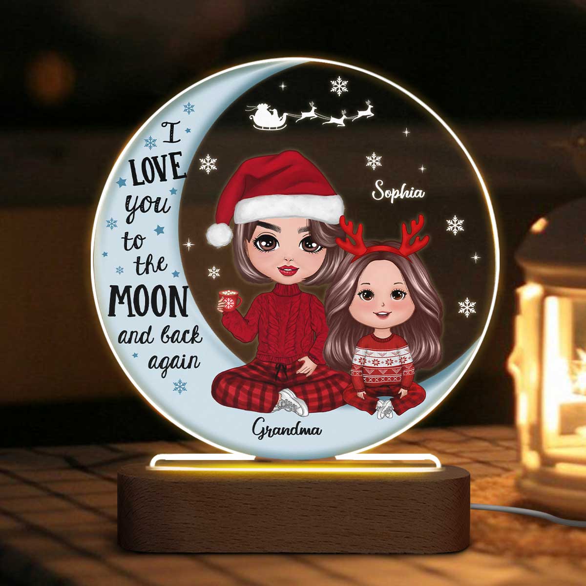 Doll Grandma & Grandkid On Moon Christmas Gift Personalized Circle Acrylic Plaque With LED Night Light