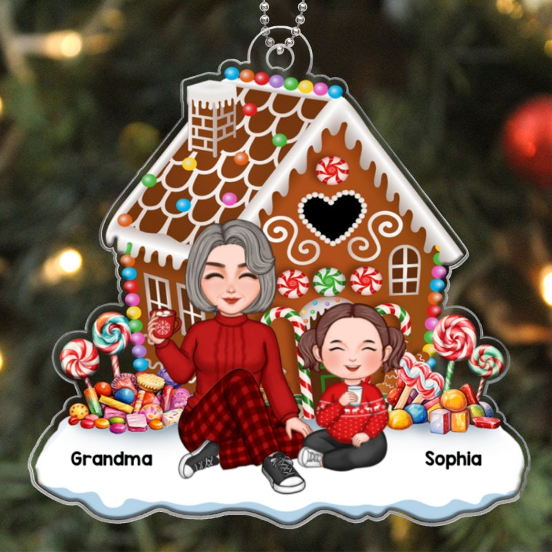 Cute Grandma & Grandkids Granddaughters Grandsons Sitting Christmas Gingerbread House Personalized Acrylic Ornament