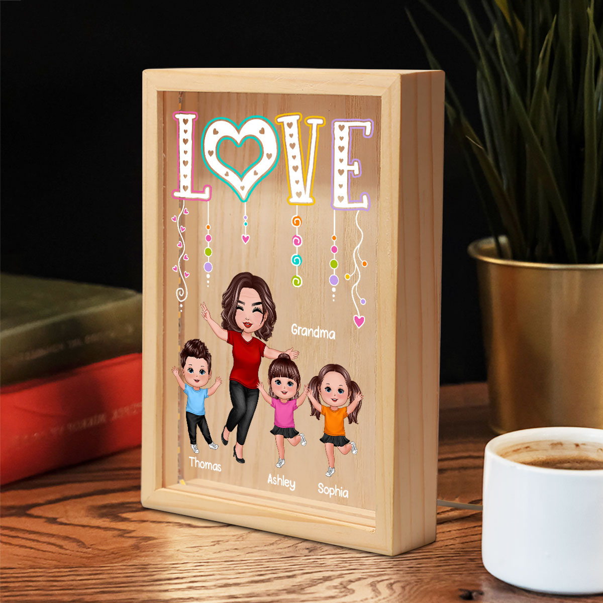 LOVE Happy Doll Grandma Mom With Kids Personalized Wooden Frame Light Box