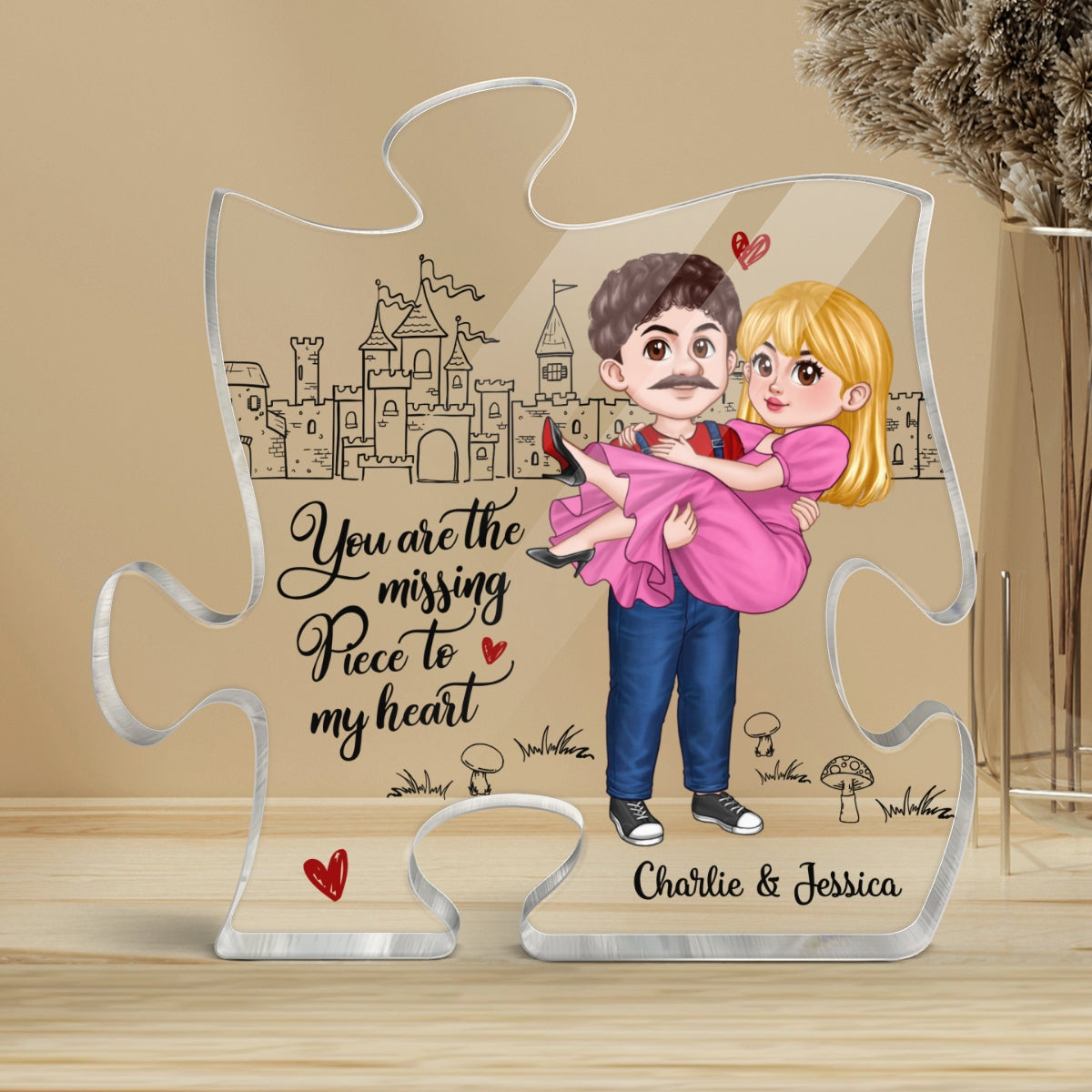 My Missing Piece Man Carrying Woman Cartoon Couple Personalized Puzzle Plaque