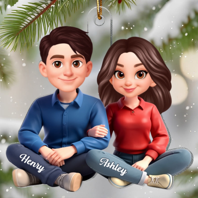 Loving Cartoon Couple Sitting Together - Personalized Acrylic Ornament - Christmas Gift for him, Gift for her