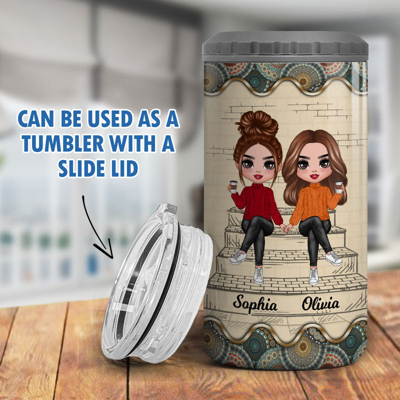 Besties Sisters Stair Outline Details Pattern Personalized 4 In 1 Can Cooler