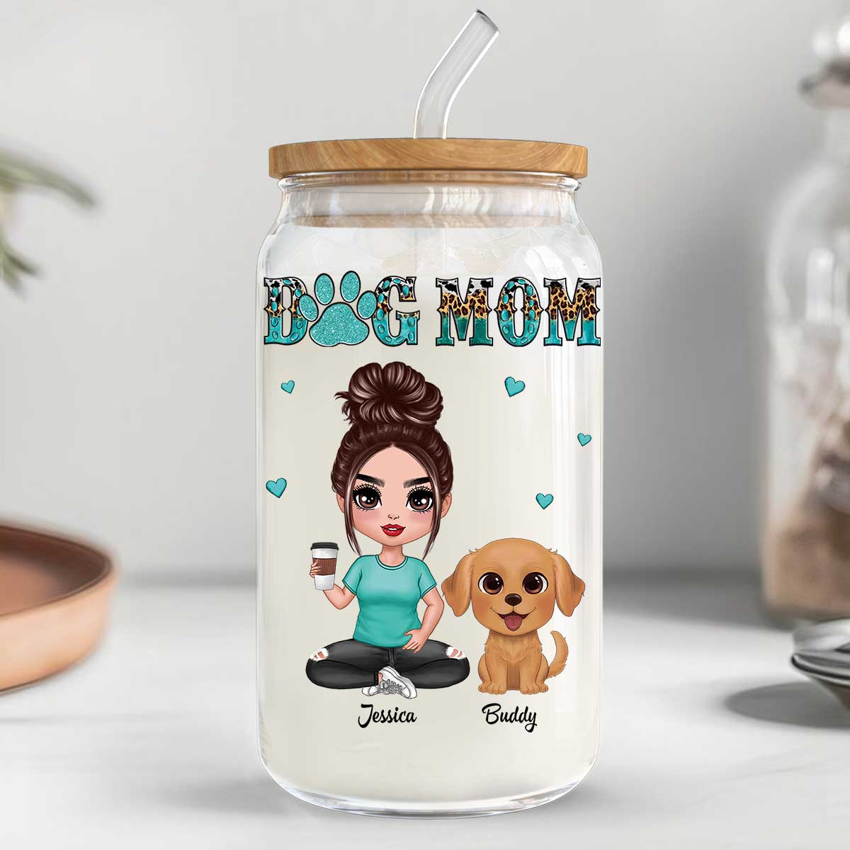 Watercolor Cute Dogs Teal And Leopard Dog Mom Personalized Clear Glass Can