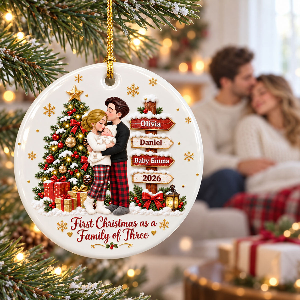 First Christmas As Family Of Three 2D Flat Printed - Personalized Ceramic Ornament - Christmas Tree Keepsake For New Parents
