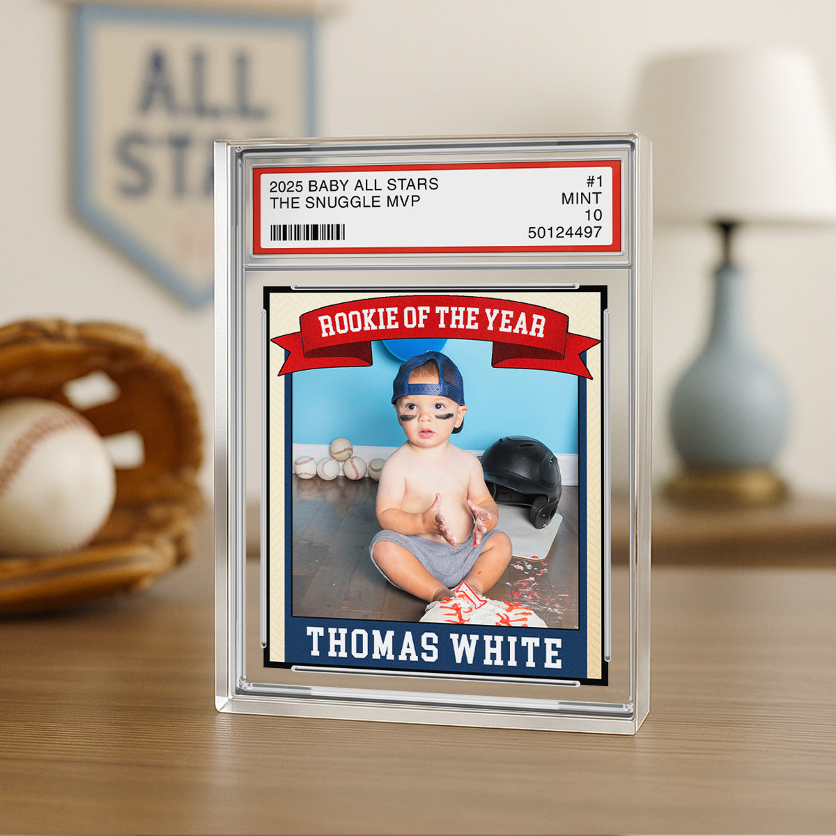 Rookie Baseball Kid All Star, Little Slugger, 1st Birthday Trading Card Style Personalized Acrylic Block Plaque