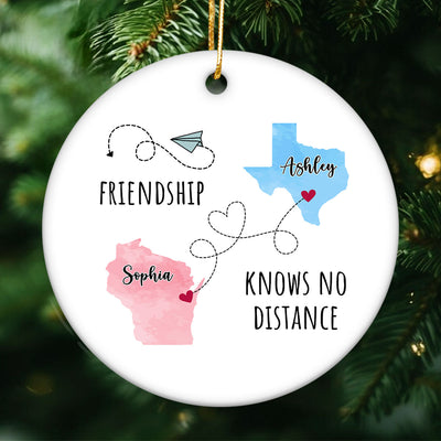 Friendship Sisters Family Love Knows No Distance Personalized Circle Ceramic Ornament, Long Distance State To State Togetherness Gift