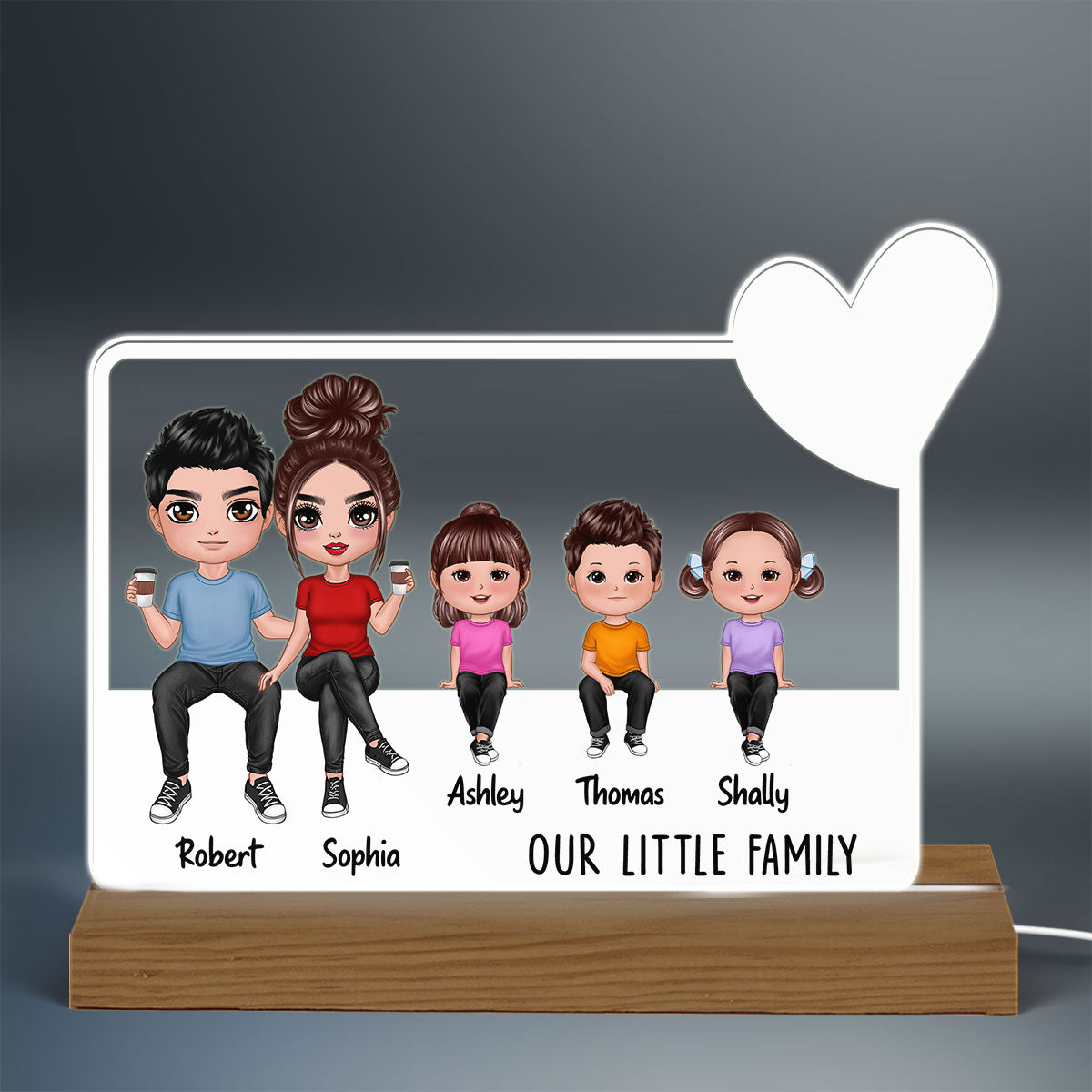 Our Family Doll Sitting Heart Personalized Acrylic Custom Shape LED Night Light