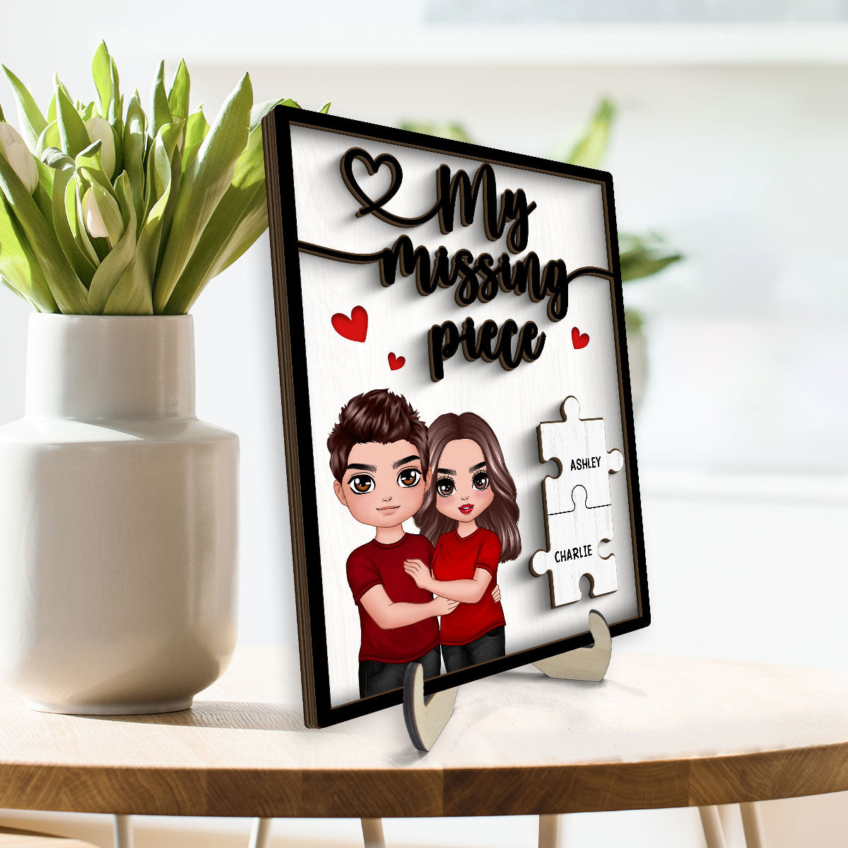 My Missing Piece Couple Hugging Standing Valentine‘s Day Gift For Her Gift For Him Personalized 2-Layer Wooden Plaque