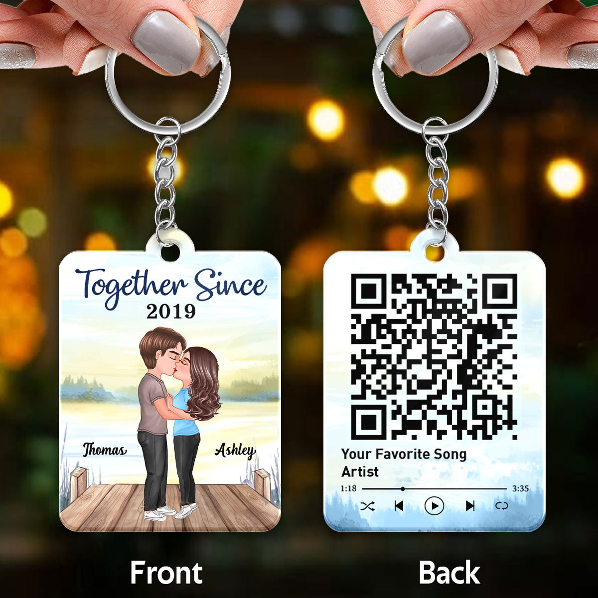 Doll Couple Kissing Lake Favorite Song Scannable QR Code Personalized Acrylic Keychain