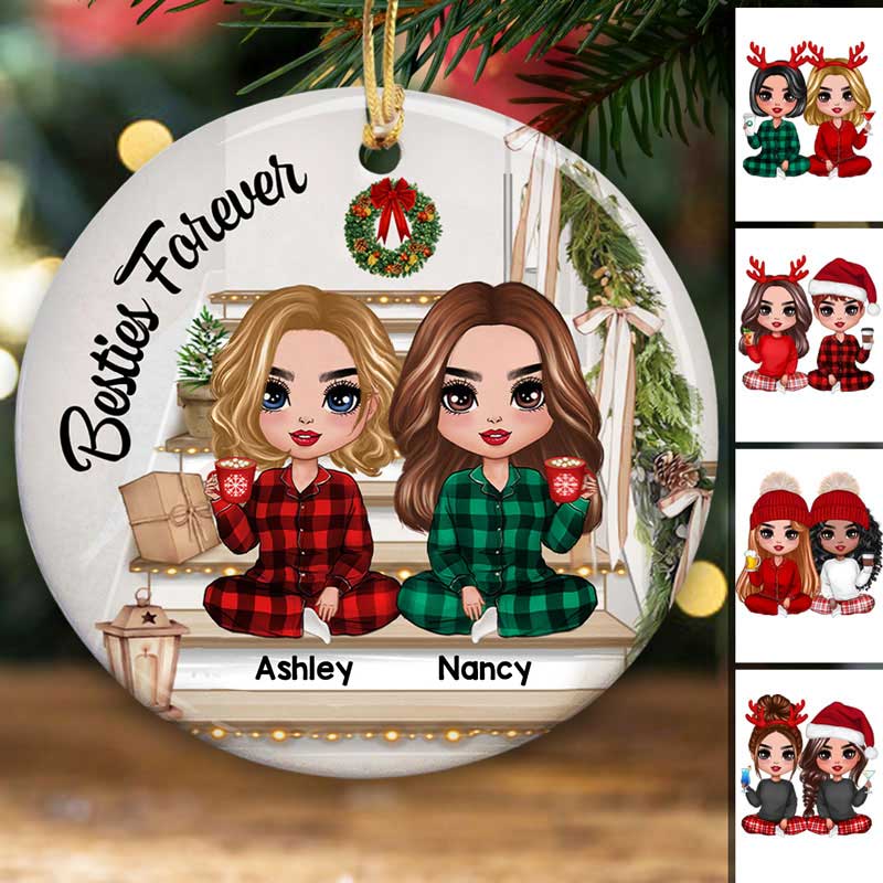 Doll Girls Besties Sisters On Christmas Stair Personalized Circle Ornament