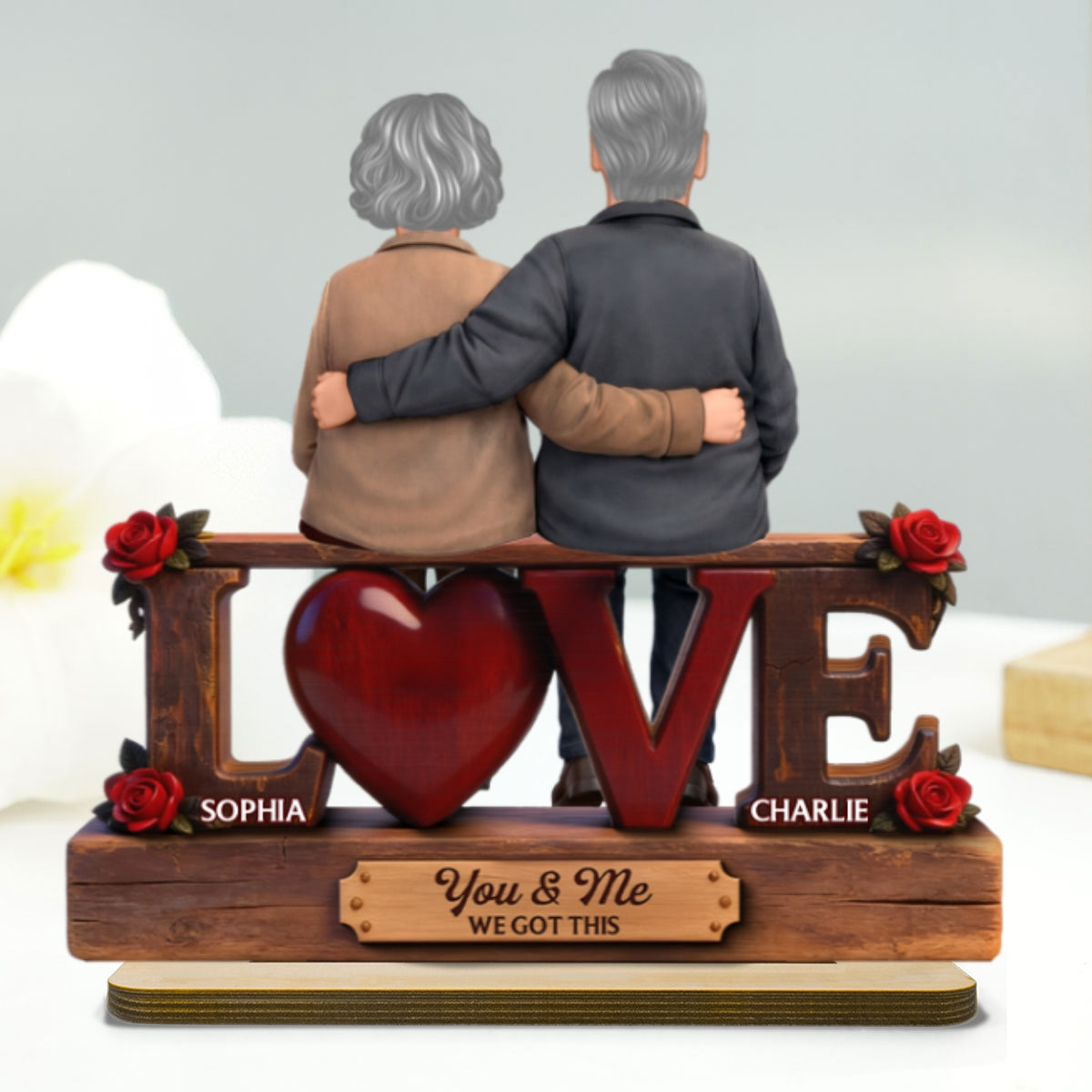 Roses LOVE Back View Old Couple Sitting Embracing - Personalized 2-Layered Wooden Plaque - Valentine's Day Gift For Couple, For Him, For Her