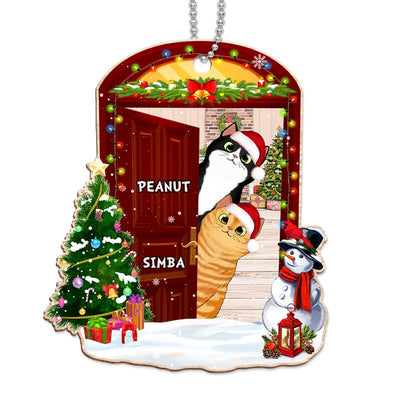 Christmas Opened Door Peeking Cats Personalized Wooden Ornament