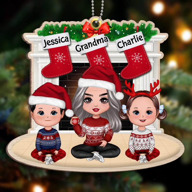 Grandma & Grandkids At Fireplace Personalized Wooden Ornament