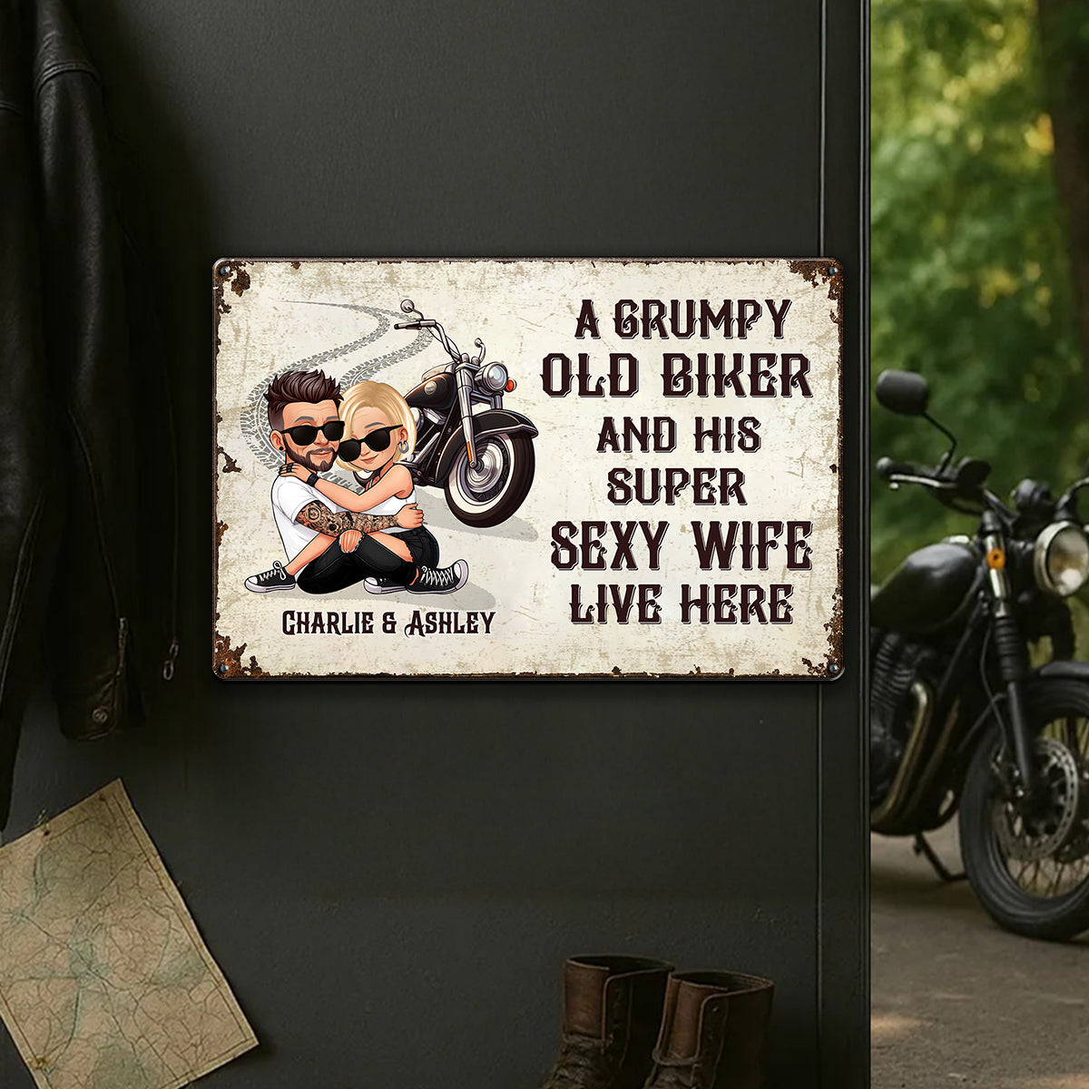 An Old Grumpy Biker and His Sexy Wife Live Here Personalized Metal Sign, Gift for Biker Couple