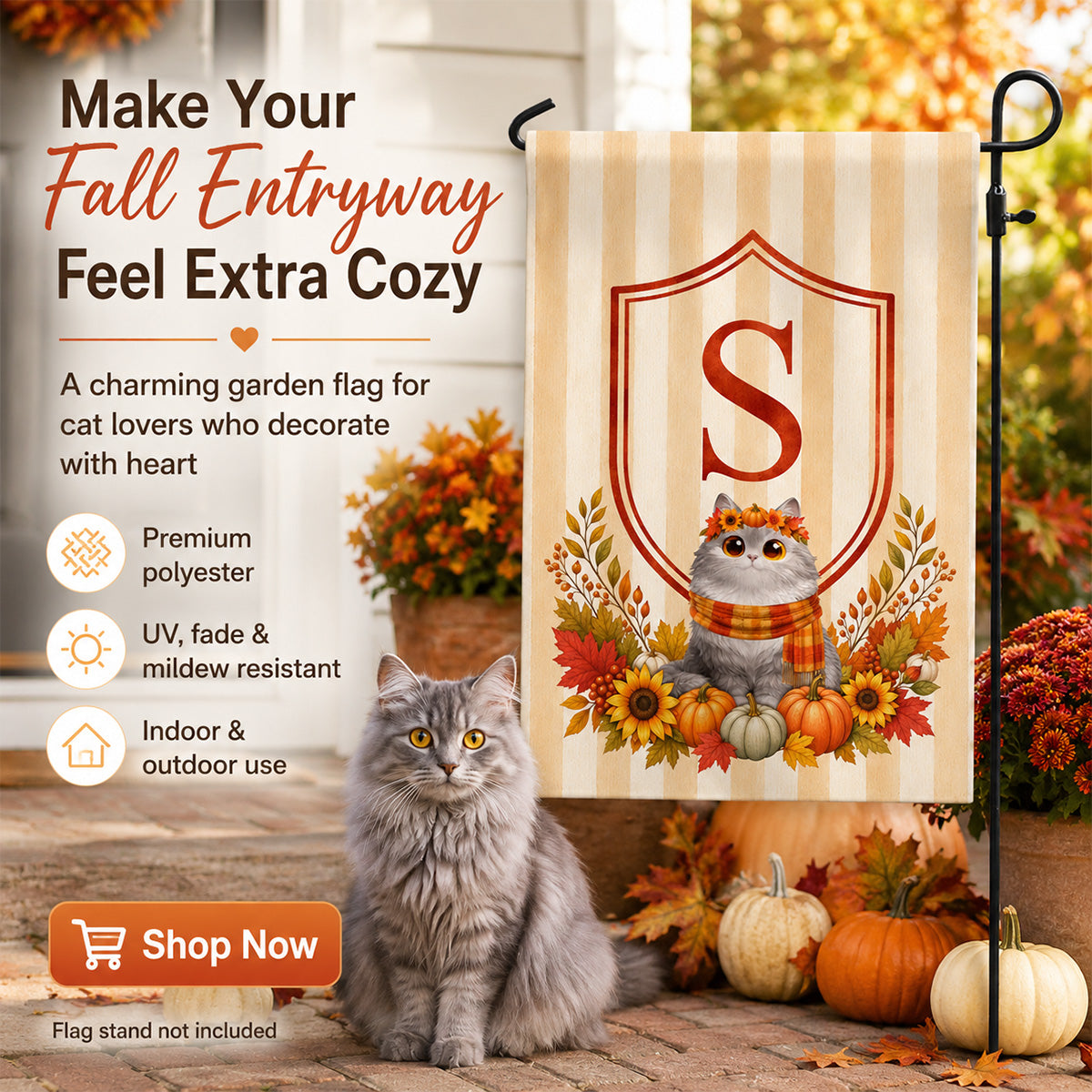 Fall Season Monogram Initial Family Cat Lovers - Personalized Garden Flag, Hydrangea Shield