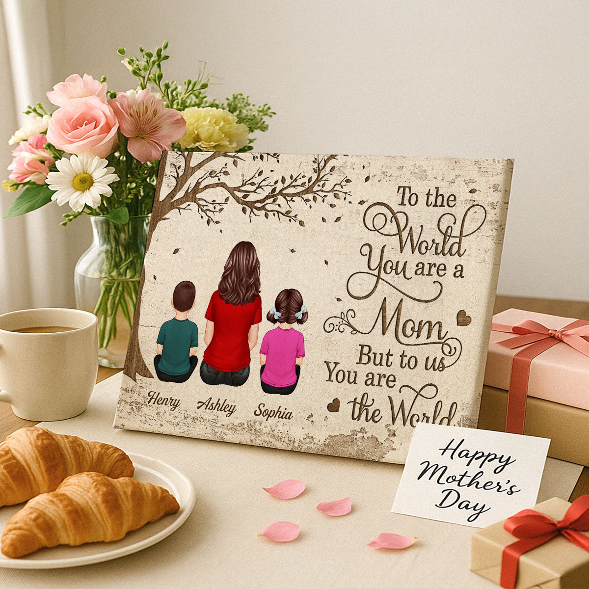 Back View Mom And Kids Dogs Cats Sitting Personalized Wrapped Canvas