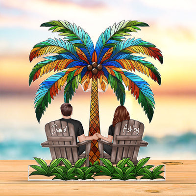 Couple Sitting Under Palm Tree Personalized Acrylic Block Plaque, Summer Decor, Gift for her, Gift for him