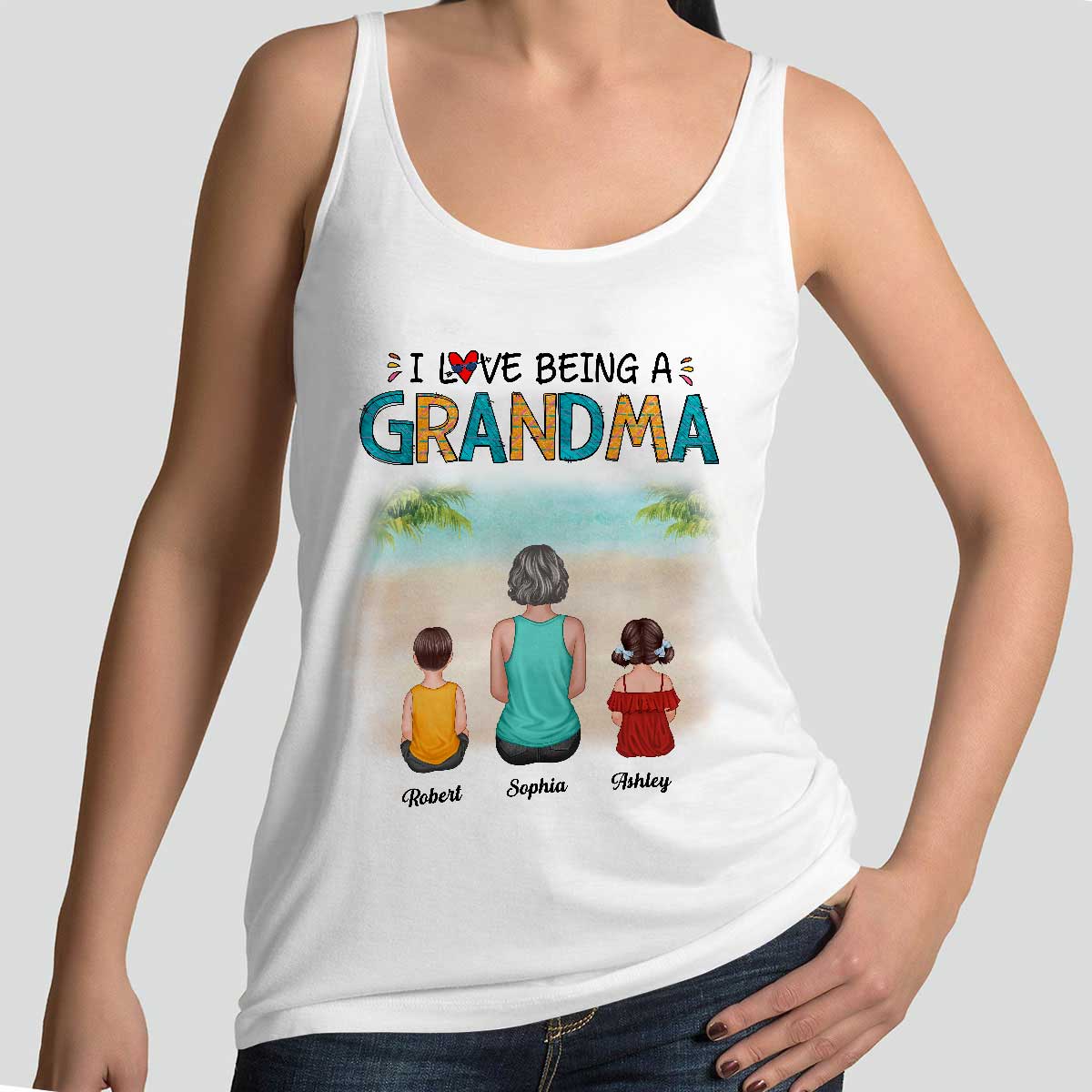 Summer Love Being A Grandma Back View Woman & Kid Dog Cat Personalized Tank Top Shirt
