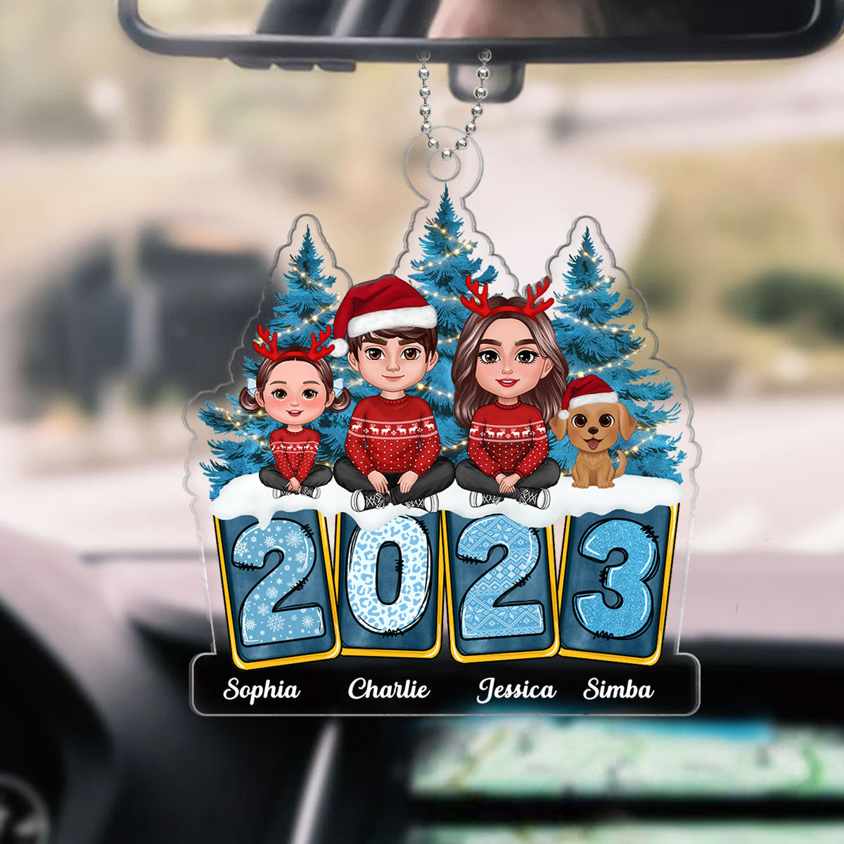Family Sitting Crossed Legs Winter Vibes Yellow Blue Leopard Christmas Tree 2023 Personalized Acrylic Ornament