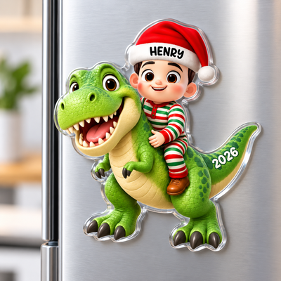 Trending Kid With Dinosaur Design For Boy Girl - Personalized Acrylic Fridge Magnet - Christmas Gift For Grandkids