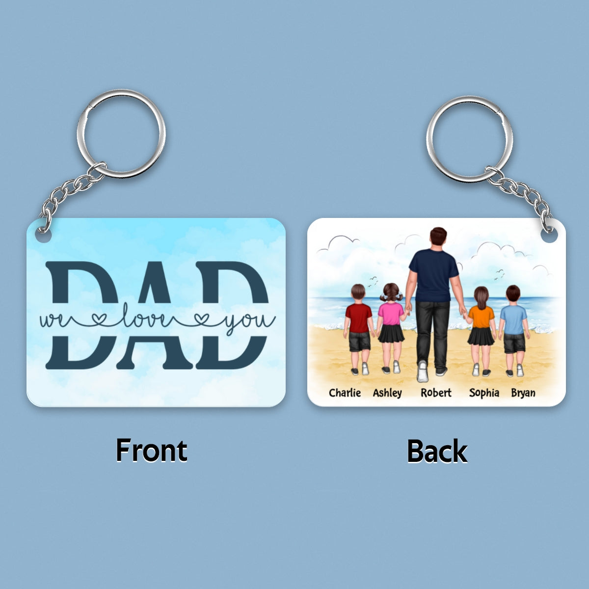 Best Dad Ever Back View Walking Dad & Kids On Beach Personalized Acrylic Keychain
