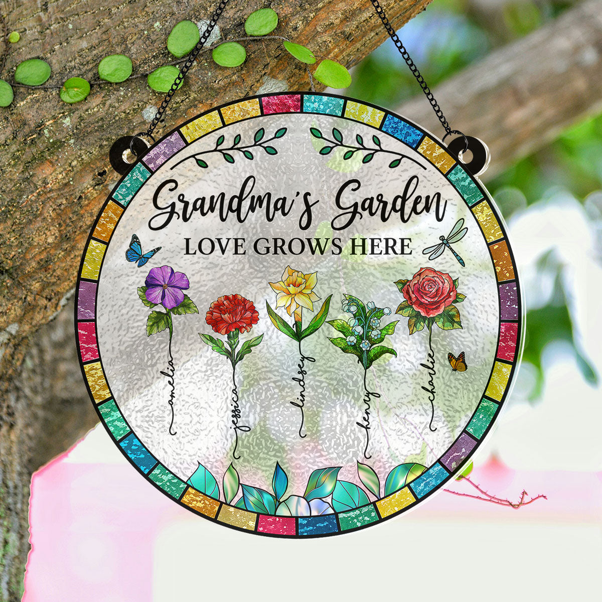 Grandma‘s Garden Love Grows Here Beautiful Birth Month Flowers Personalized Acrylic Suncatcher