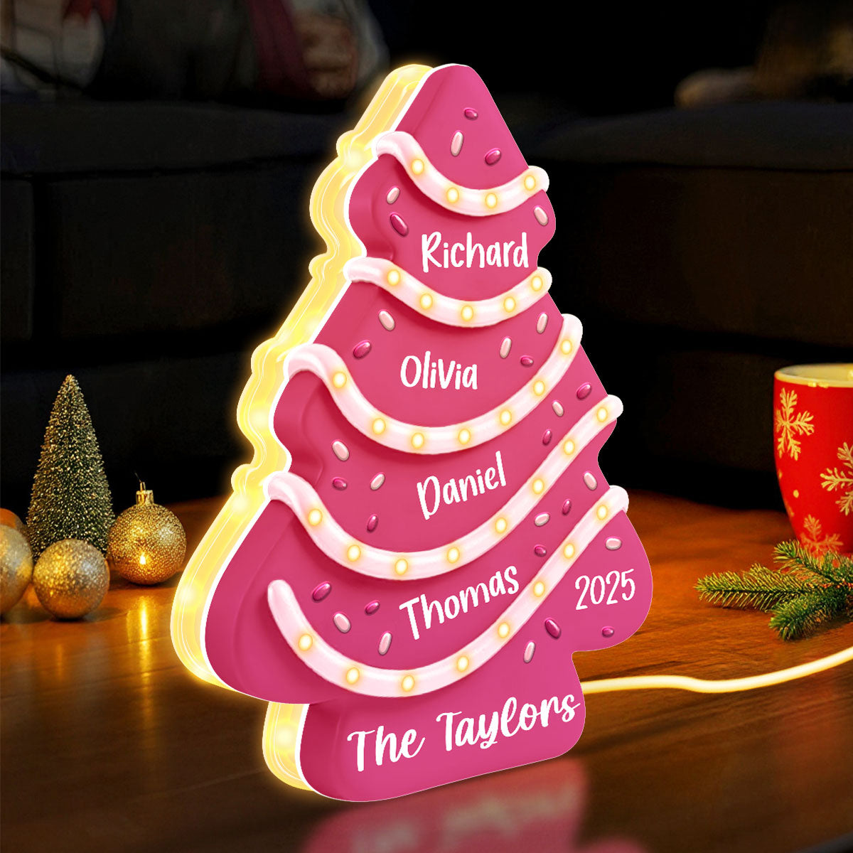 Family Names 3D Effect Christmas Tree Cake Personalized Light Box, Christmas Decor