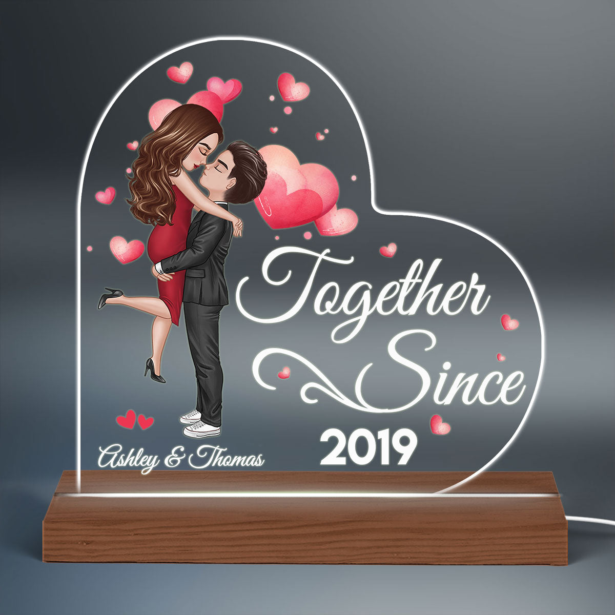 Doll Couple Hugging Kissing Together Since Personalized Heart Shaped Acrylic Plaque With LED Night Light - Anniversary Gift For Couple - Gift For Him, Gift For Her