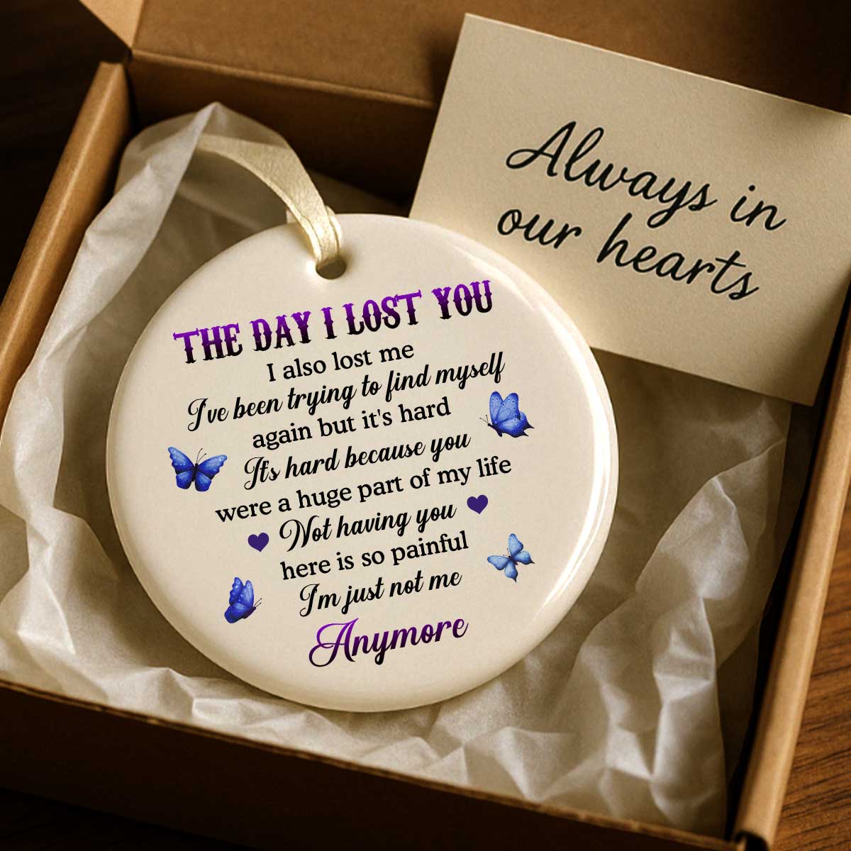 The Day I Lost You I Also Lost Me Woman Hugging Lost Loved One Memorial Keepsake Personalized Ceramic Ornament