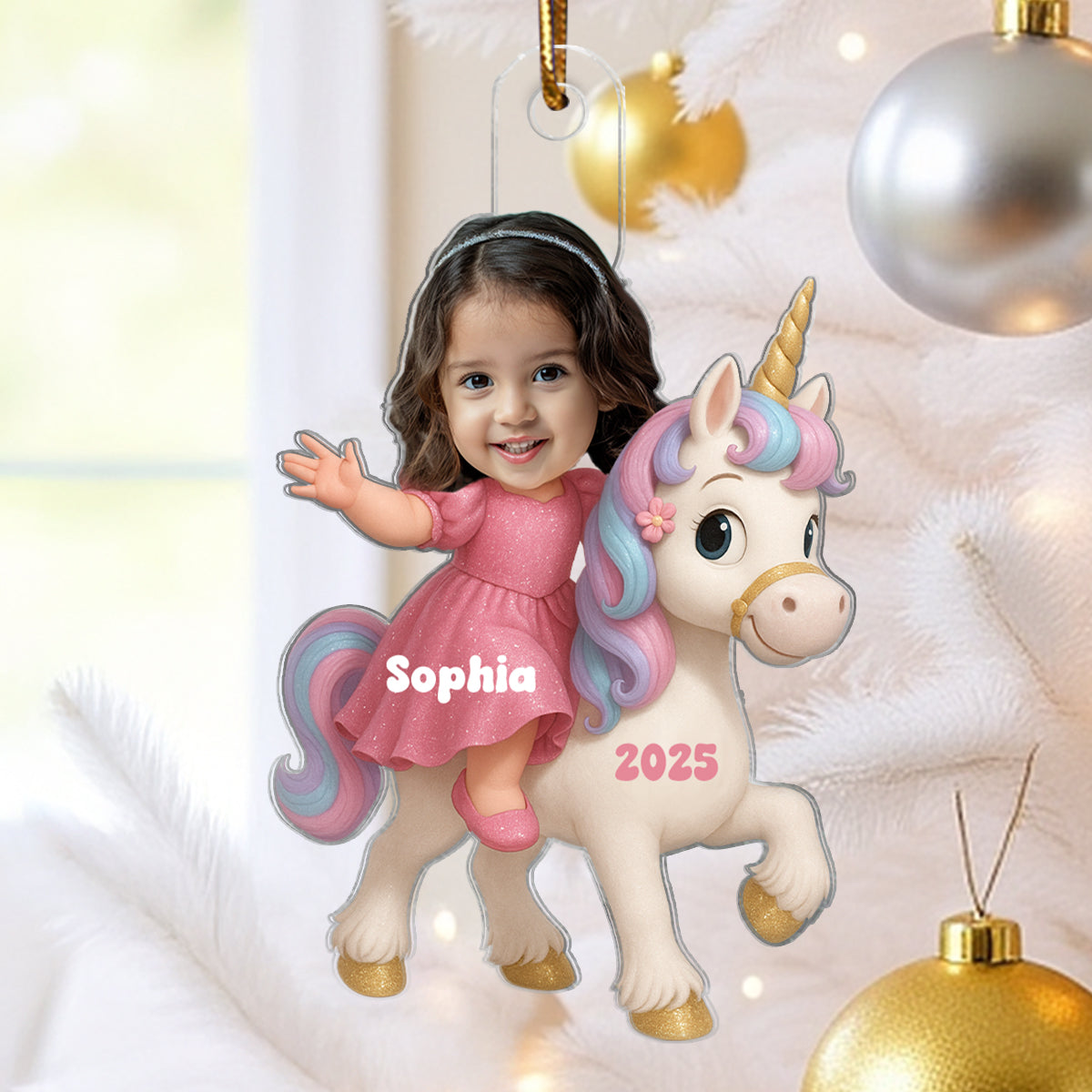 3D Effect Custom Kid Photo Face With Unicorn Christmas Personalized Acrylic Ornament