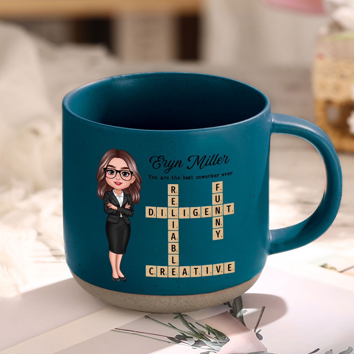 Coworker Crossword Art Personalized Pottery Mug, Thank You Gift for Coworker, Best Friend
