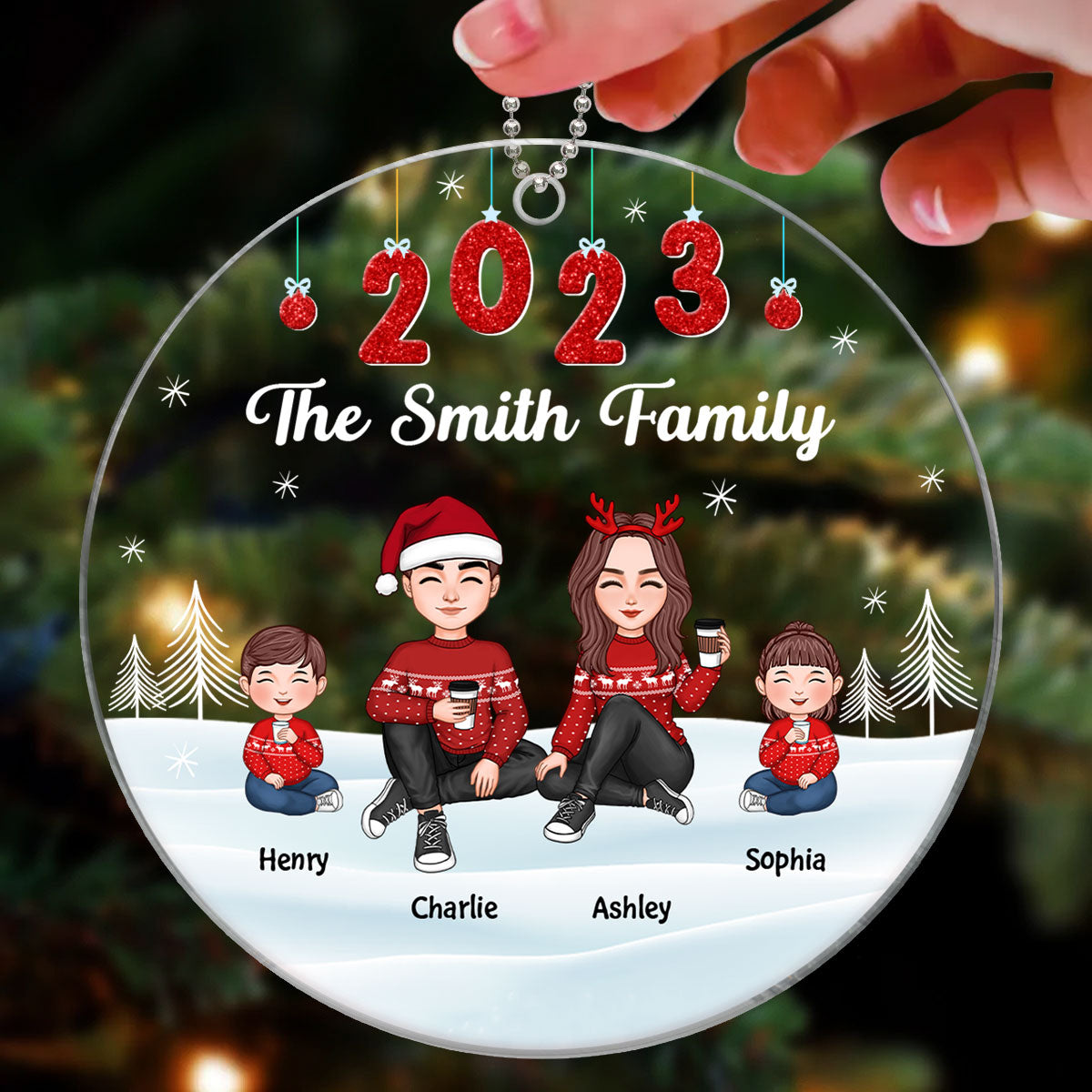 Cute Family Dad Mom Kid Dog Cat Hanging 2023 Personalized Acrylic Ornament