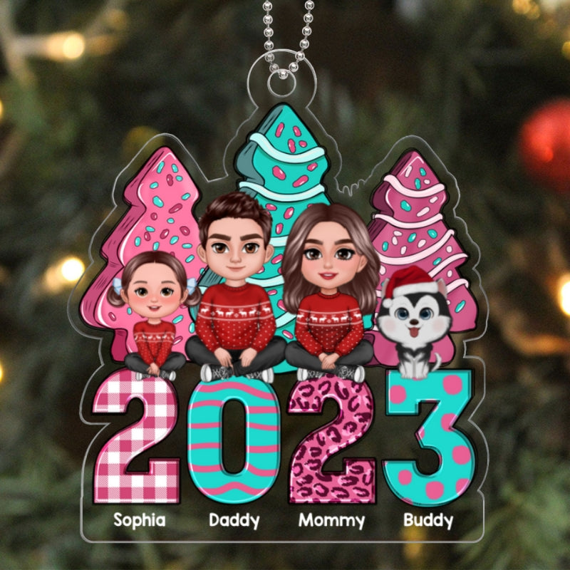 Pink And Teal Christmas Tree Cake Family Sitting Personalized Acrylic Ornament