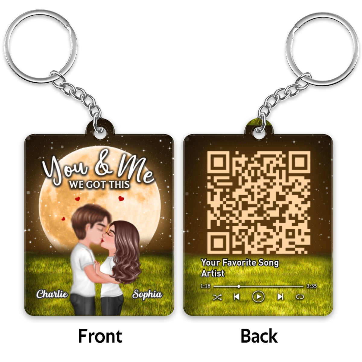 Doll Couple Kissing Big Moon Favorite Song QR Code Personalized Acrylic Keychain