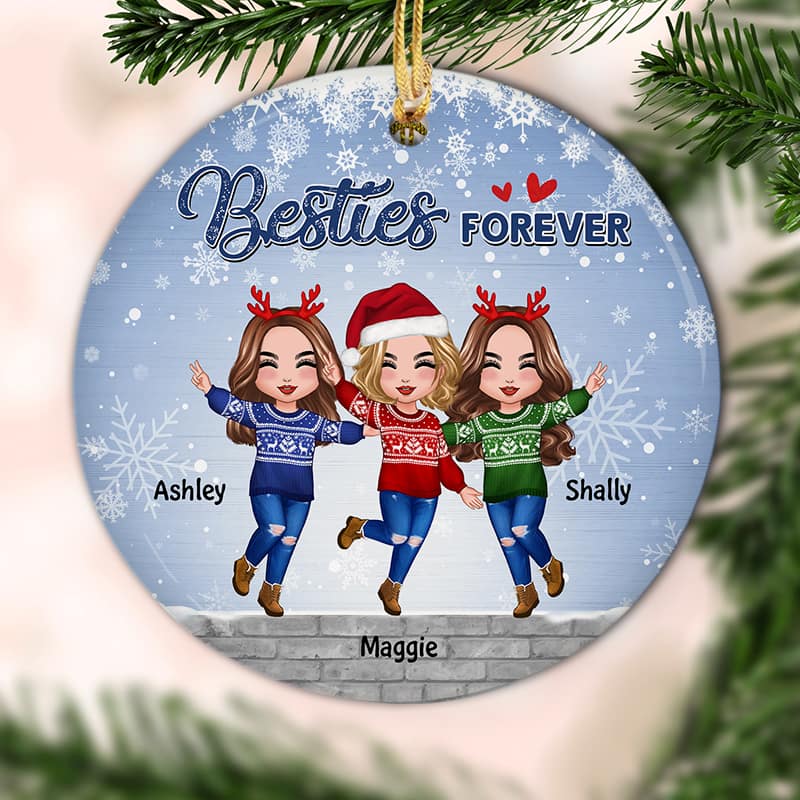 Happy Doll Besties In Snow Personalized Circle Ornament