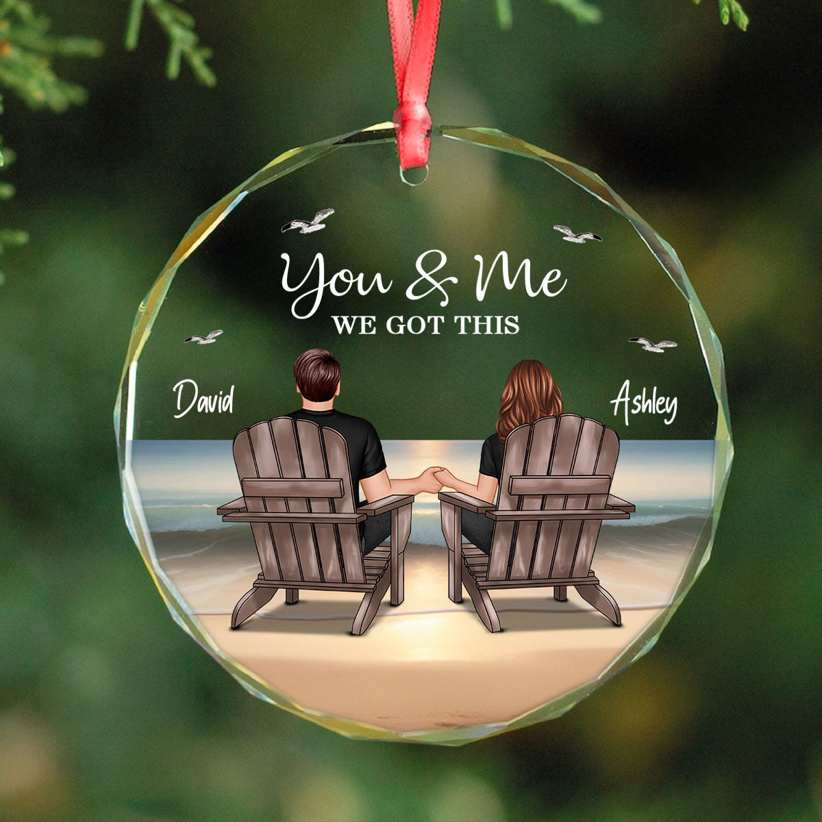 Couple Sitting Eternal Sunset Beach Personalized Circle Glass Ornament, Heartfelt Christmas Gift For Girlfriend, For Wife