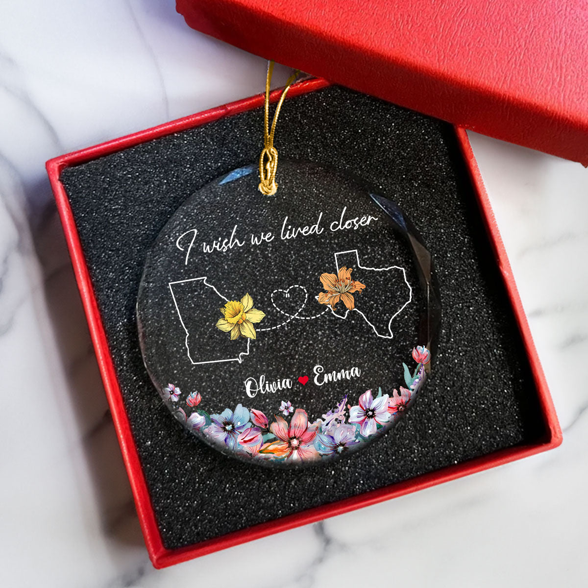Long Distance Birth Month Flowers Besties Sisters Personalized Glass Ornament, Christmas Gift
