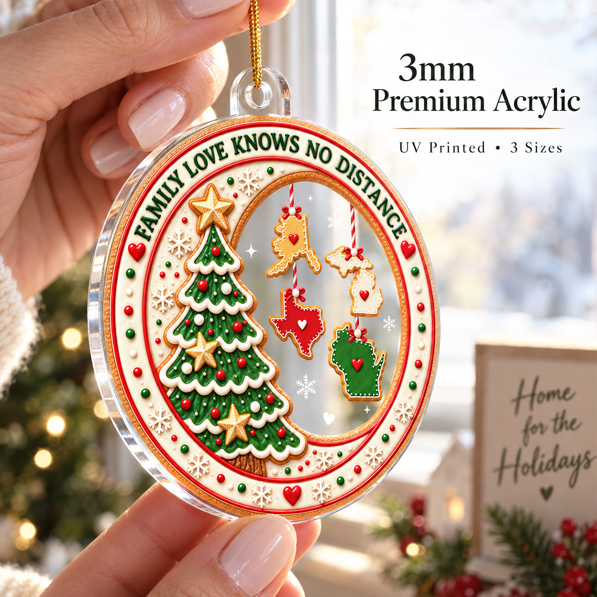 Family Love Knows No Distance Christmas Cookie States - Personalized Ornament - Long Distance Family Gift