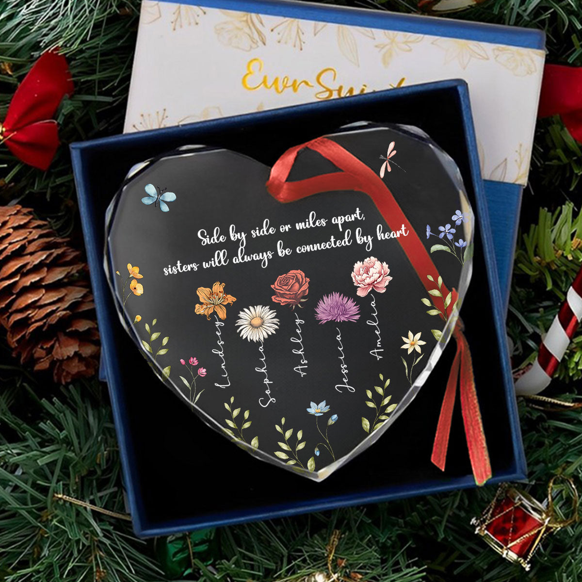 Sisters Are Different Flowers From The Same Garden Personalized Heart Glass Ornament, Christmas Gift For Sisters
