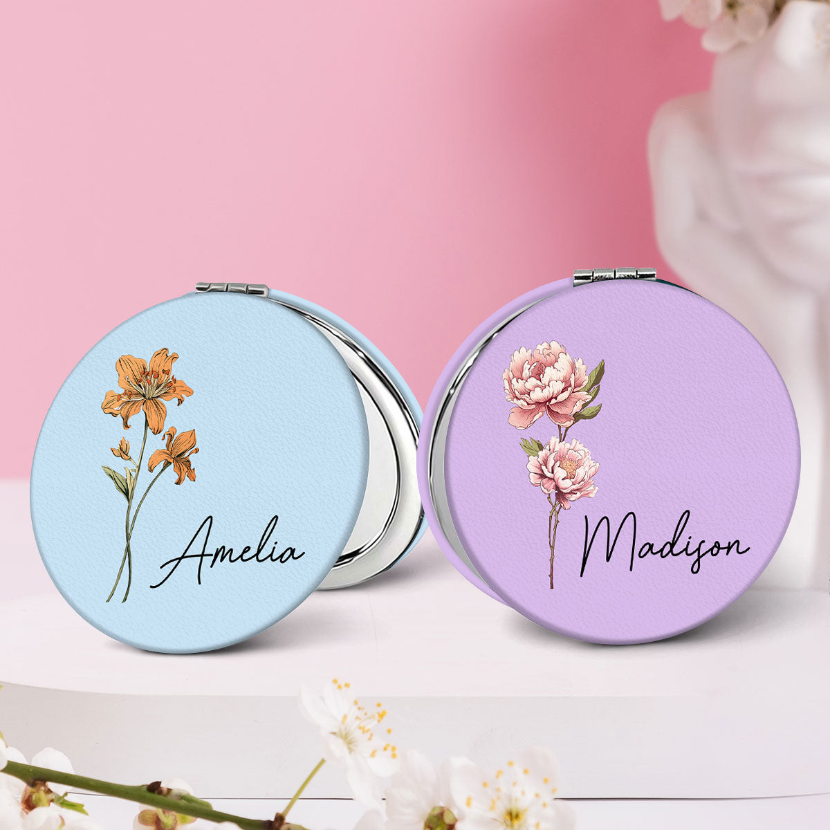 Beautiful Birth Month Flower Personalized Circle Compact Mirror, Birthday Gift