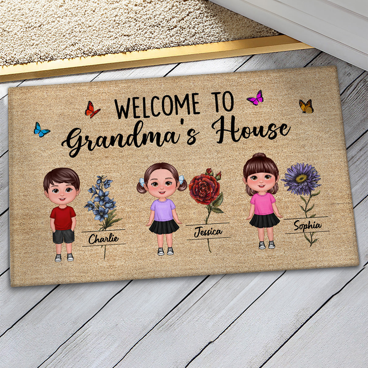 Welcome To Grandma House Beautiful Vintage Birth Month Flower Personalized Doormat