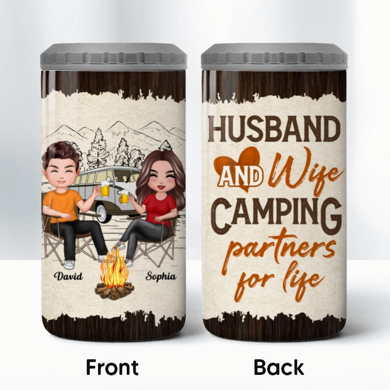 Camping Couple Sketch Background Personalized 4 In 1 Can Cooler
