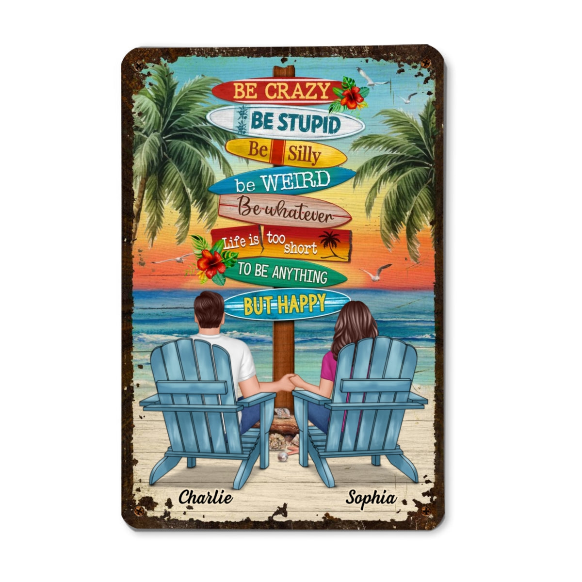 To Be Anything But Happy Beach Sitting Couple Personalized Metal Sign
