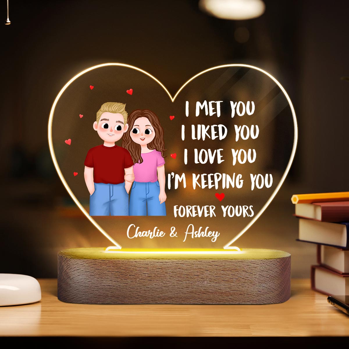 I Met You Cute Illustration Couple Gift For Him For Her Personalized Acrylic Heart Plaque LED Night Light
