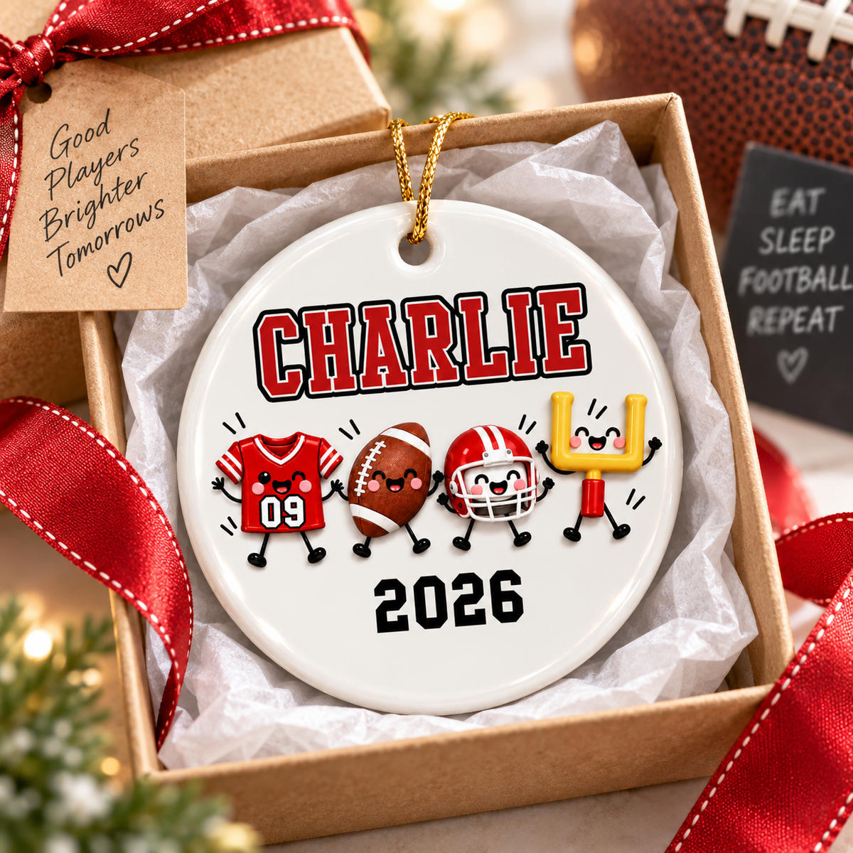 Football Things 2D Flat - Personalized Ceramic Ornament – Custom Name Football Christmas Keepsake Gift for Player, Son, Daughter, Teen