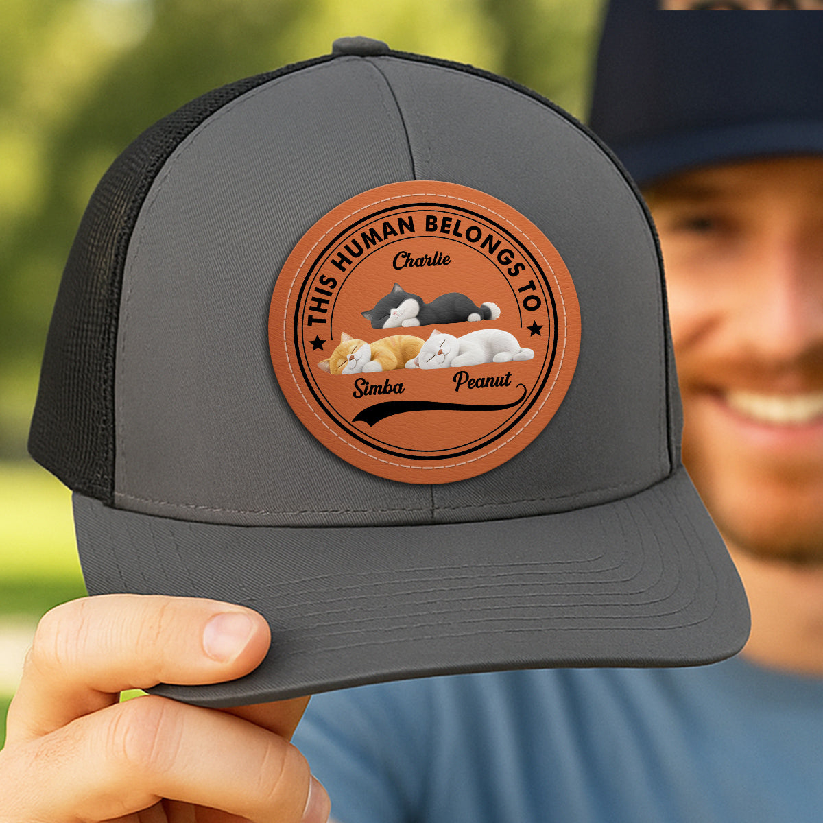 This Human Belongs To Cute Sleeping Cats Personalized Leather Patch Hat, Father's Day gift