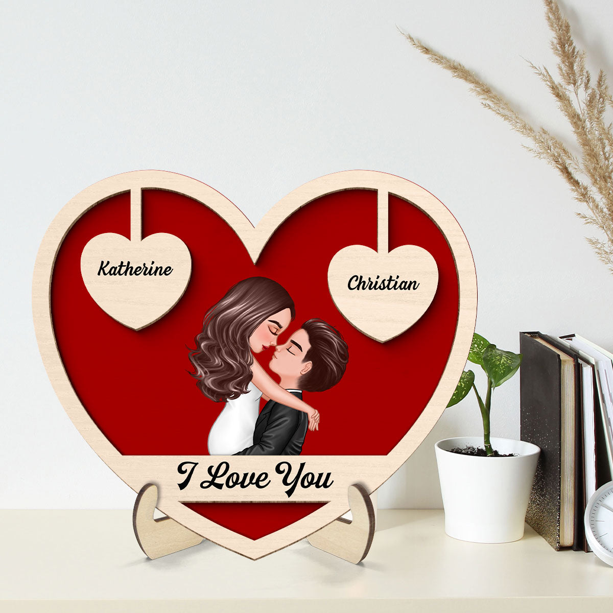 Couple Kissing Two Hearts Custom Message Personalized 2-layer Wooden Plaque