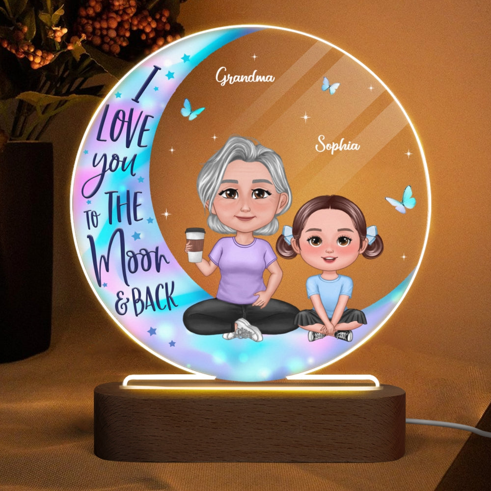 Pretty Doll Grandma Grandkids On Galaxy Moon Personalized Acrylic Circle LED Night Light