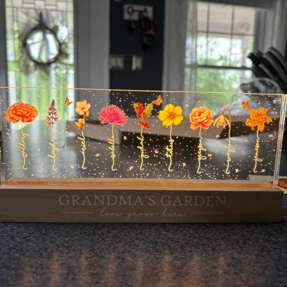 Grandma‘s Garden Birth Month Flowers Personalized Acrylic Block LED Night Light, Christmas Gift For Grandma, Mom, Auntie, Sister